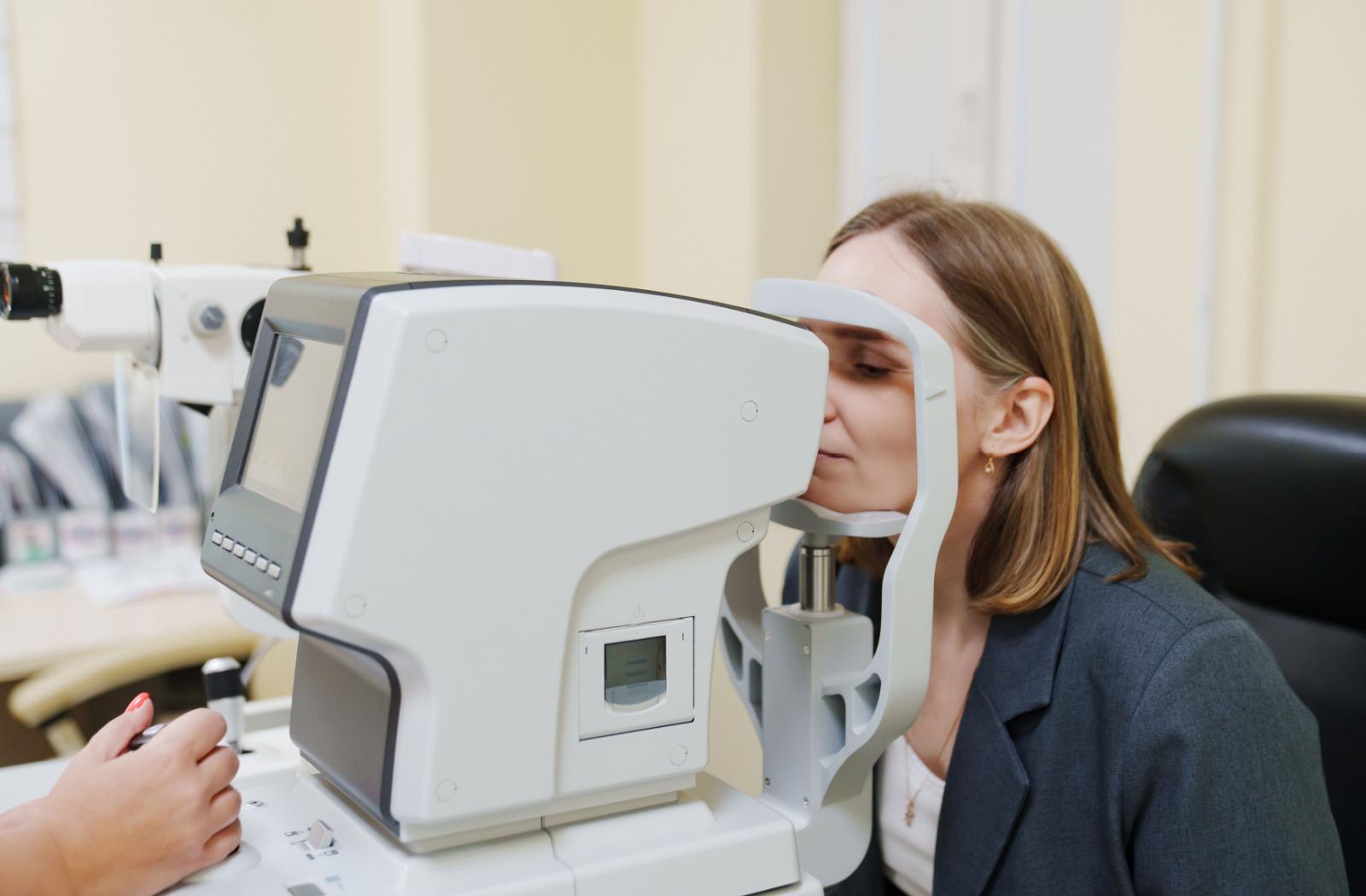 A patient having their eye's tested during a comprehensive eye exam.