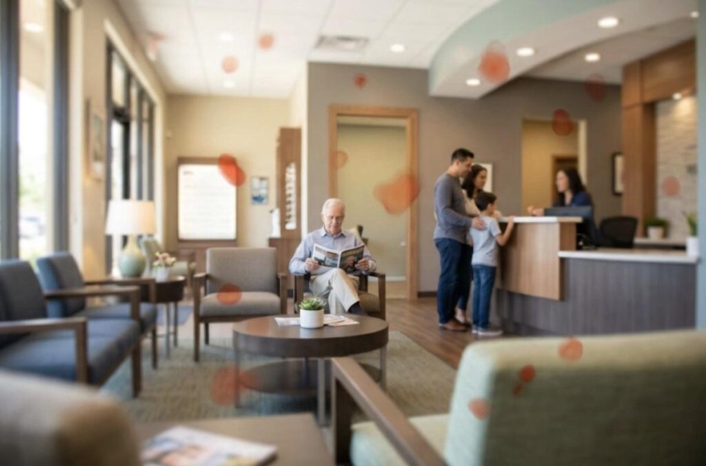A person's field of view of a waiting room showing red spots in their vision.