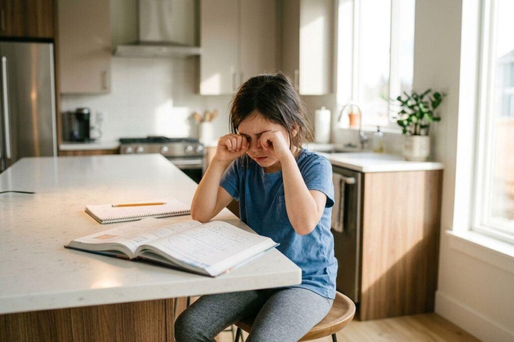 A child sits at a kitchen counter rubbing their eyes with both hands. An open book and notebook are on the counter in front of them.