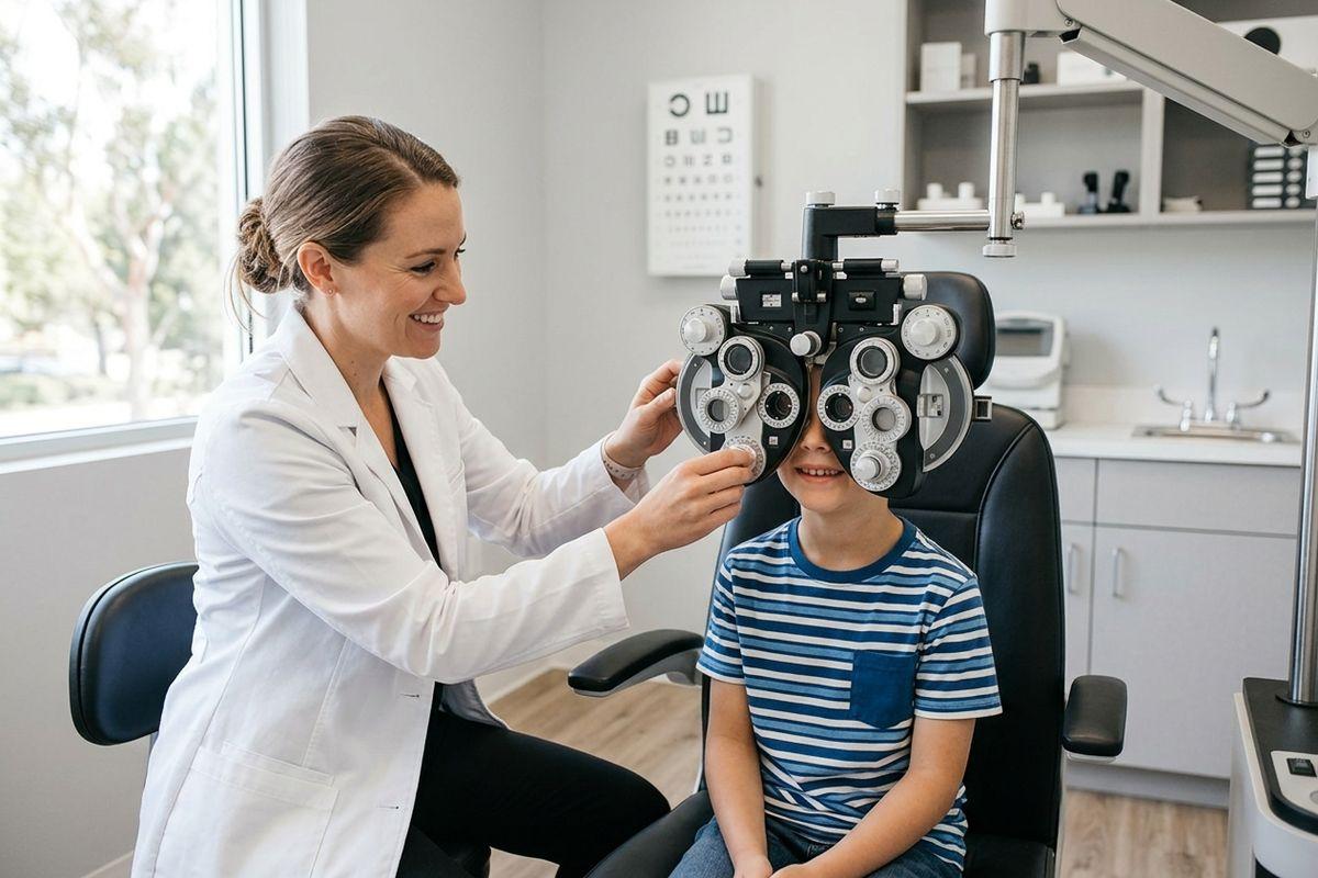 Smiling optometrist adjusting a phoropter for a child in an eye clinic.