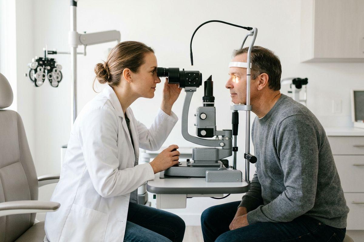 Focused optometrist examines an adult patient's eye using a slit lamp. The patient rests their chin and forehead on the machine.