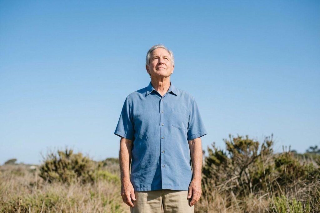 Older adult in a blue short-sleeved shirt standing in a field of dry brush under a clear blue sky, looking upward with a calm expression.