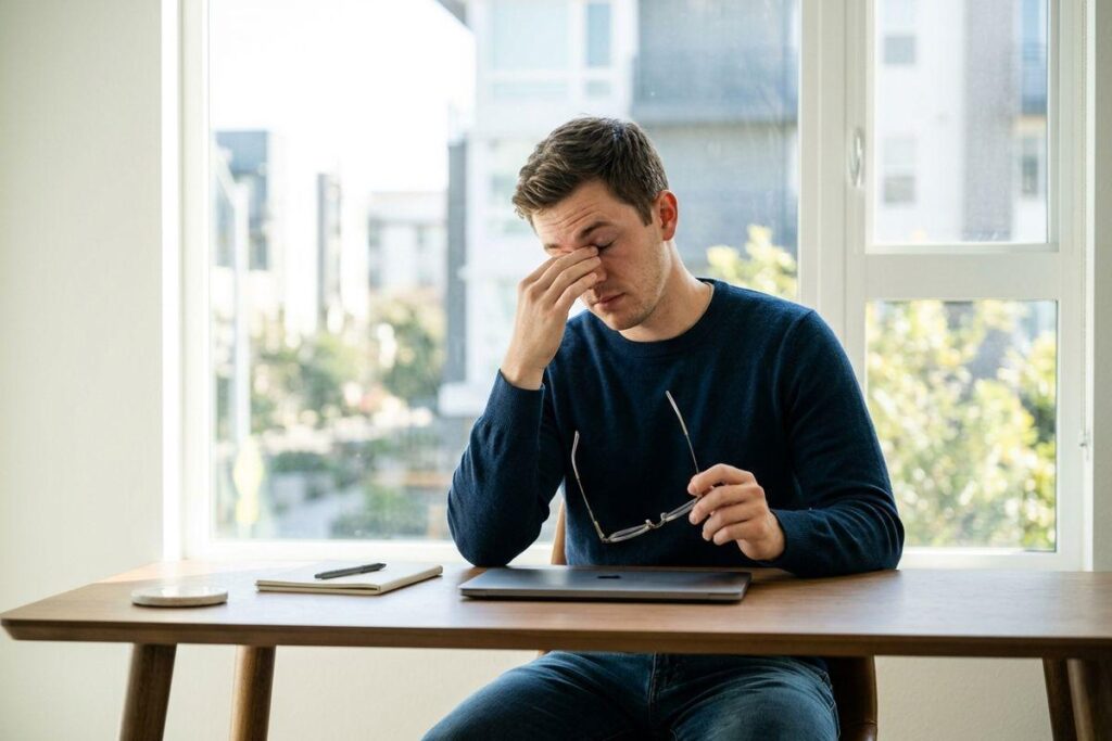 An adult sits at a desk by a window, pinching the bridge of their nose with their eyes closed while holding glasses over a closed laptop.