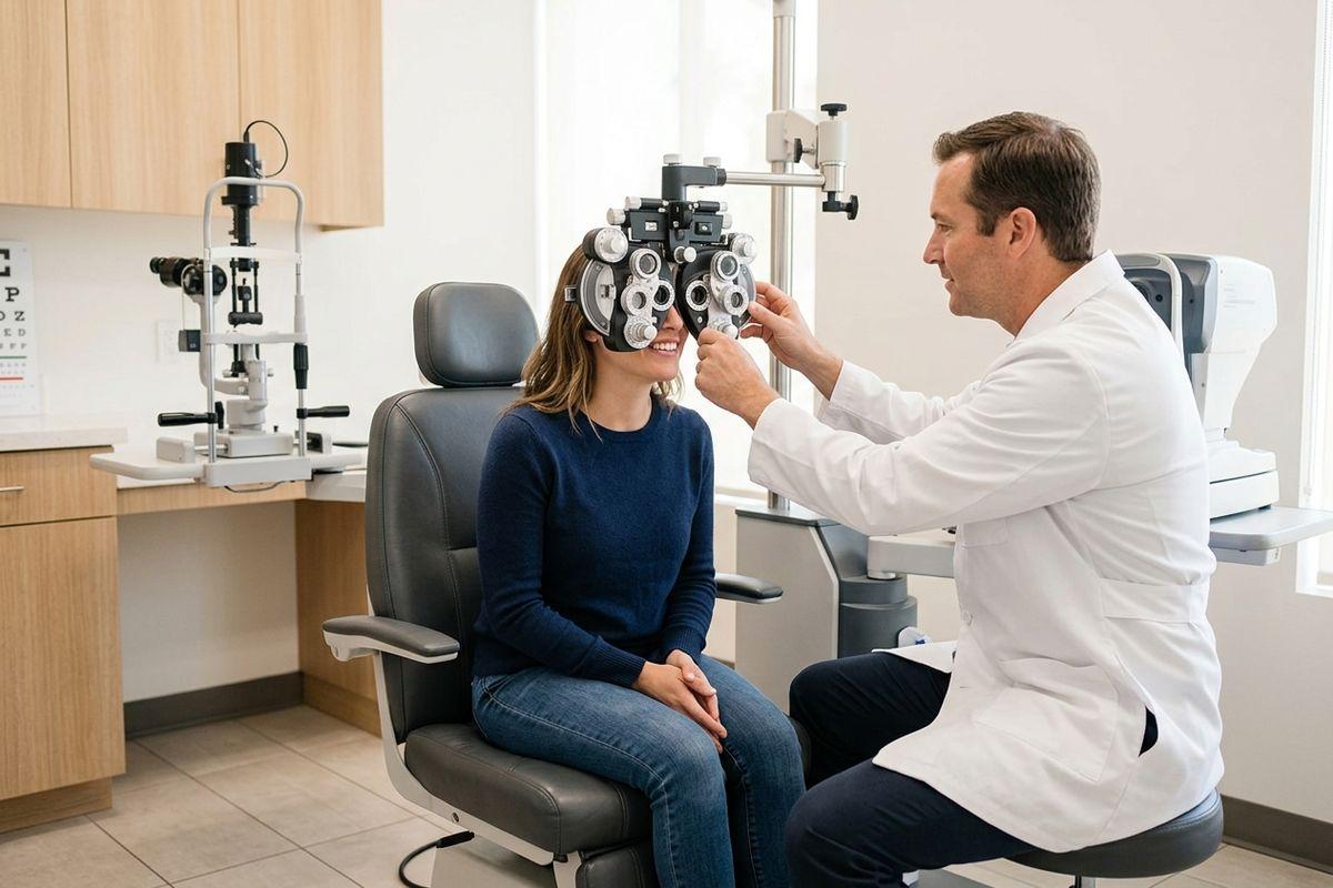 An optometrist adjusts a phoropter in front of a smiling adult seated in an exam chair in a clinic.