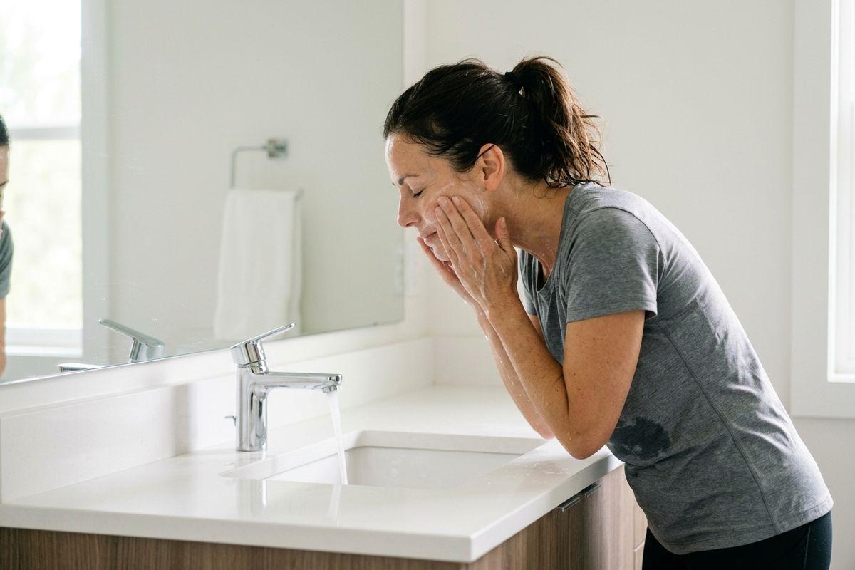 An adult washes their face at a bathroom sink, eyes closed, pressing both hands to their wet cheeks while water runs from the faucet.