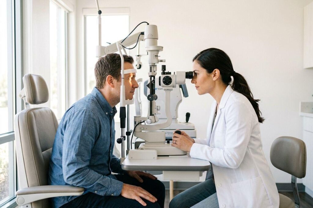 Focused optometrist examining an adult patient's eyes using a slit lamp in an exam room.